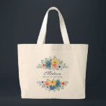Spring Floral Modern Personalized Name | Wedding Large Tote Bag<br><div class="desc">This modern design features a spring floral in pretty coral, yellow, teal and navy blue with your personalized name with "Maid of Honour" below in navy blue typography. Personalize by editing the text in the text box provided. #wedding #weddings #maidofhonor #maidofhonorgifts #bridesmaidgifts #bridalparty #bridalpartygifts #favours #gifts #floral #flowers #botanical #personalized...</div>