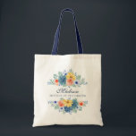 Spring Floral Modern Personalized Name | Wedding Tote Bag<br><div class="desc">This modern design features a spring floral in pretty coral, yellow, teal and navy blue with your personalized name with "Mother of the Groom" below in navy blue typography. Personalize by editing the text in the text box provided. #wedding #weddings #motherofthegroom #motherofthegroomgifts #bridalparty #bridalpartygifts #favours #gifts #floral #flowers #botanical #personalized...</div>