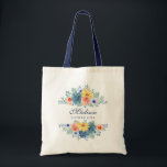 Spring Floral Modern Personalized Name | Wedding Tote Bag<br><div class="desc">This modern design features a spring floral in pretty coral, yellow, teal and navy blue with your personalized name with "Flower Girl" below in navy blue typography. Personalize by editing the text in the text box provided. #wedding #weddings #flowergirl #flowergirlgifts #bridalparty #bridalpartygifts #favours #gifts #floral #flowers #botanical #personalized #name #modern...</div>
