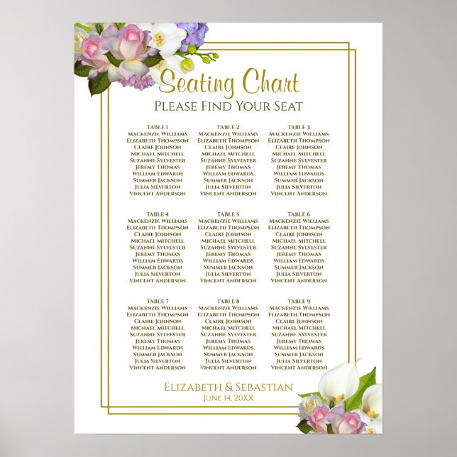 Spring Floral Pastel 9 Table Wedding Seating Chart (Front)