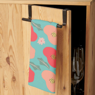 Spring Floral Pattern Hand Drawn Teal Peach Kitchen Towel