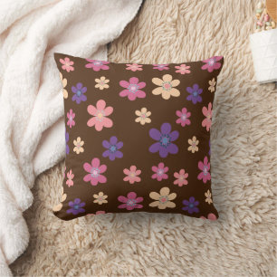 Spring Floral Pattern on Brown Background Throw Pillow