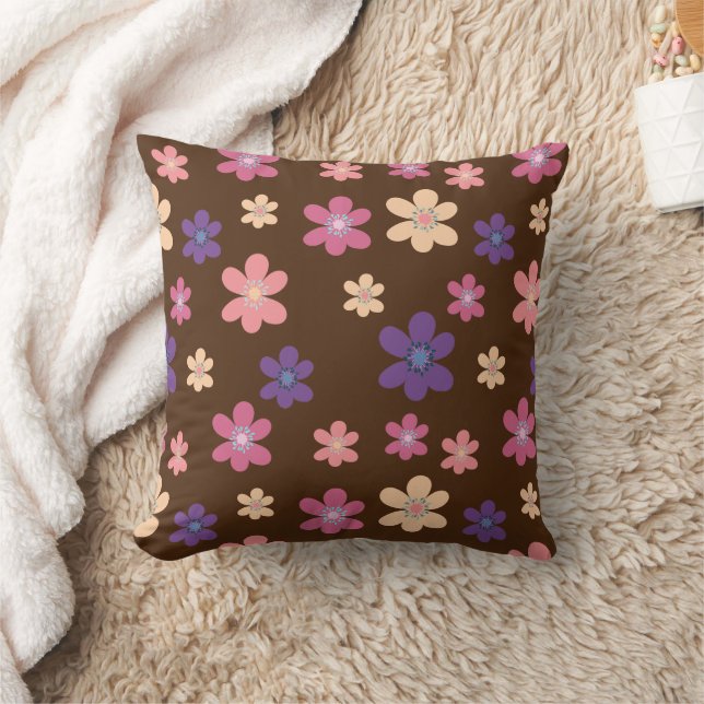Spring Floral Pattern on Brown Background Throw Pillow (Blanket)