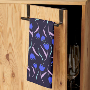 Spring Floral Pattern on Dark Blue Background Kitchen Towel