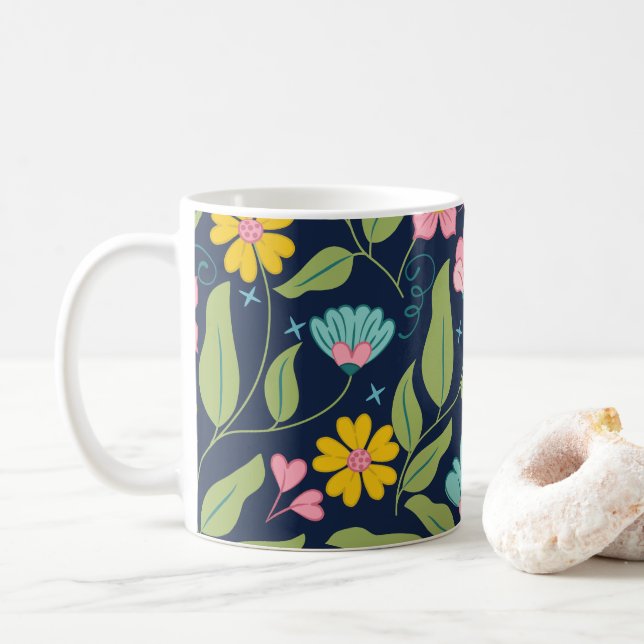 Spring Floral Pattern on Dark Blue  Coffee Mug (With Donut)