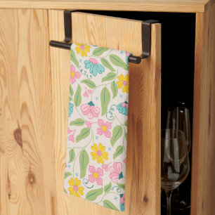 Spring Floral Pattern on Pink Kitchen Towel