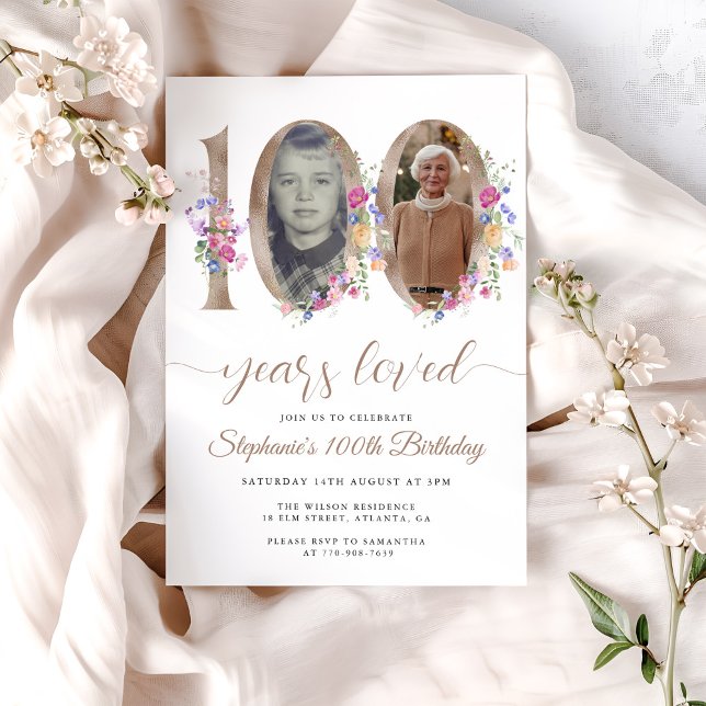 Spring Floral Photo 100th Birthday Invitation (Creator Uploaded)