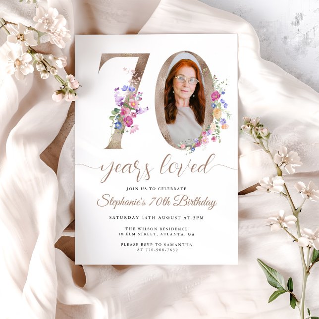 Spring Floral Photo 70th Birthday Invitation (Creator Uploaded)