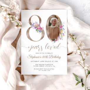 Spring Floral Photo 80th Birthday Invitation