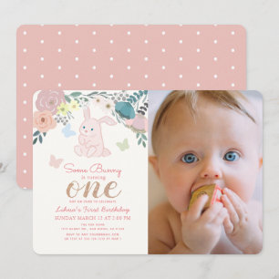 Spring Floral Pink Bunny Girl's 1st Photo Birthday Invitation