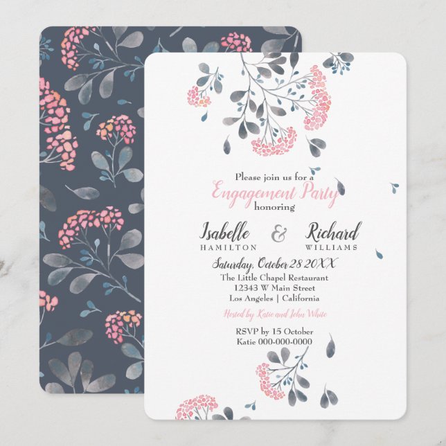 Spring floral pink watercolor Engagement Party Invitation (Front/Back)
