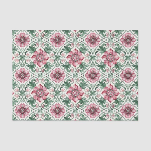 Spring Floral Red Green Tile Pattern Decoupage Tissue Paper (Front)