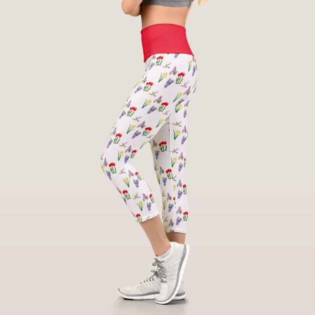 Spring Floral Red Tulip Daffodil Lilac  Capri Leggings (Left)