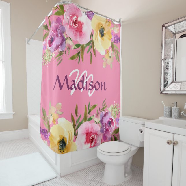 Spring Floral Trendy Girly Monogram Shower Curtain (In Situ)