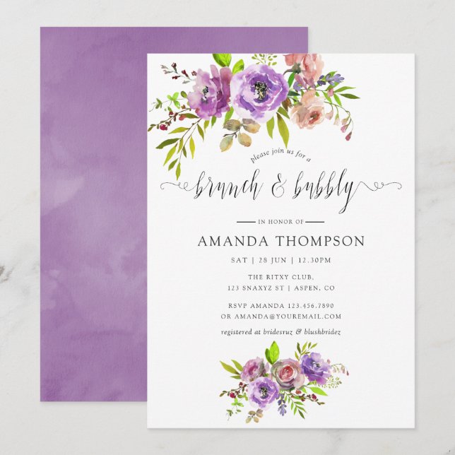 Spring Floral Watercolor Brunch and Bubbly Invitation (Front/Back)