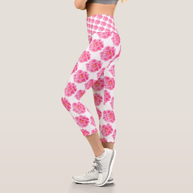 Spring floral watercolor pink camellia art capri leggings (Left)
