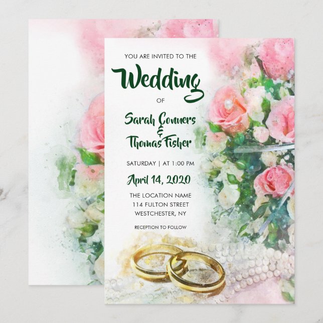 Spring Floral Watercolor Roses Wedding Invitation (Front/Back)