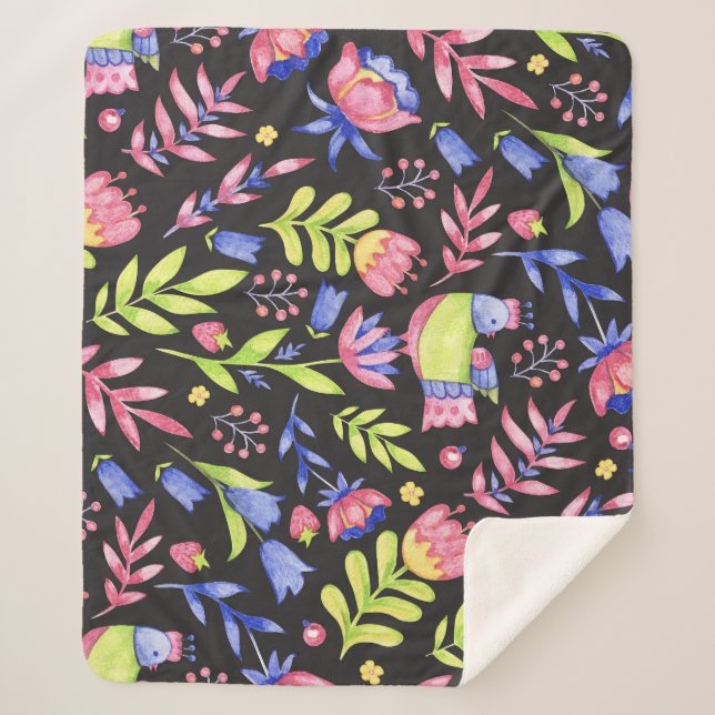 Spring Floral: Watercolor Seamless Pattern Sherpa Blanket (Front)