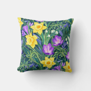 Spring Floral with Daffodils and Crocus Flowers Throw Pillow