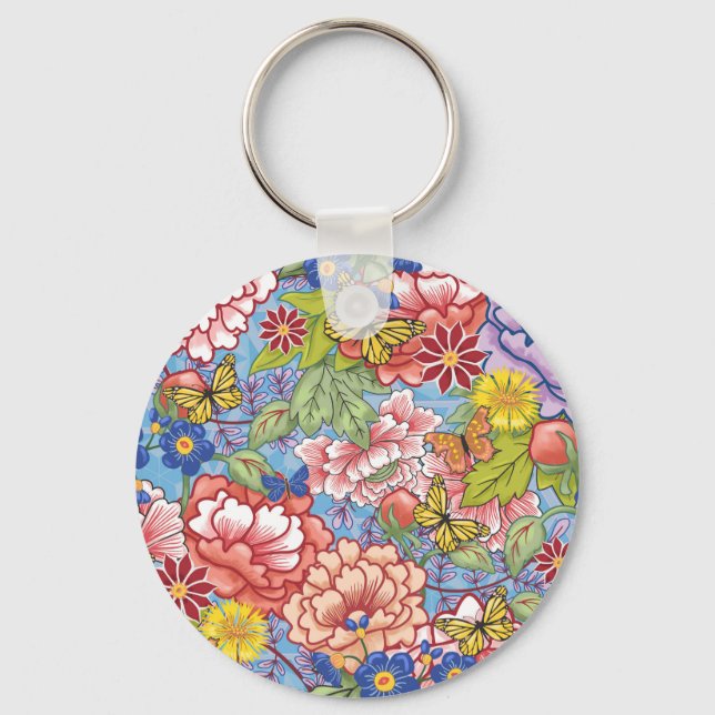 Spring Floral with Peonies and Butterflies Keychain (Front)