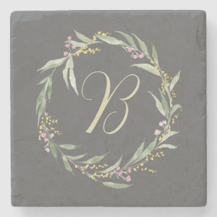 Spring Floral Wreath with Initial Stone Coaster
