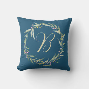Spring Floral Wreath with Initial Throw Pillow