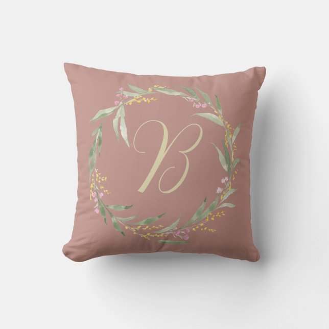 Spring Floral Wreath with Initial Throw Pillow (Front)