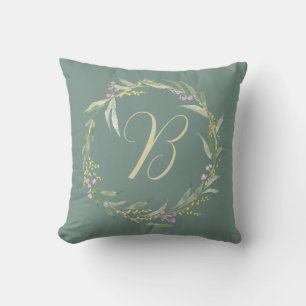Spring Floral Wreath with Initial Throw Pillow