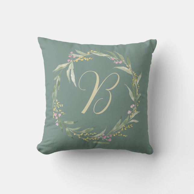 Spring Floral Wreath with Initial Throw Pillow (Front)