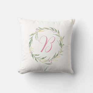 Spring Floral Wreath with Initial Throw Pillow
