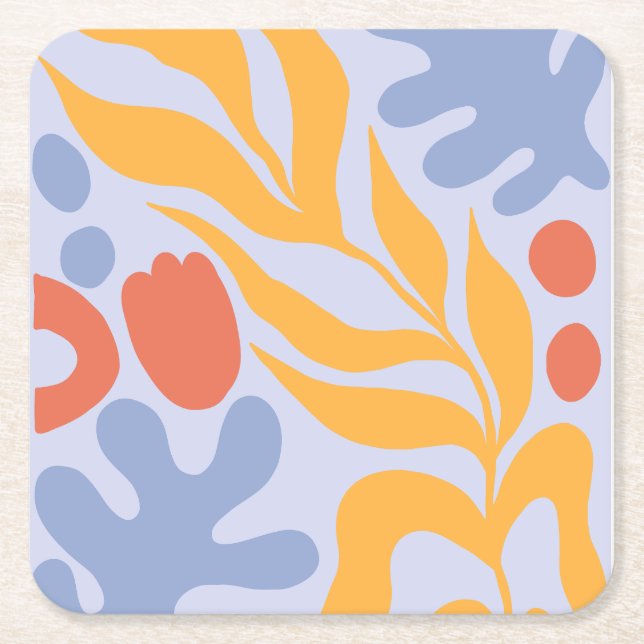 spring floral yellow and blue square paper coaster (Front)