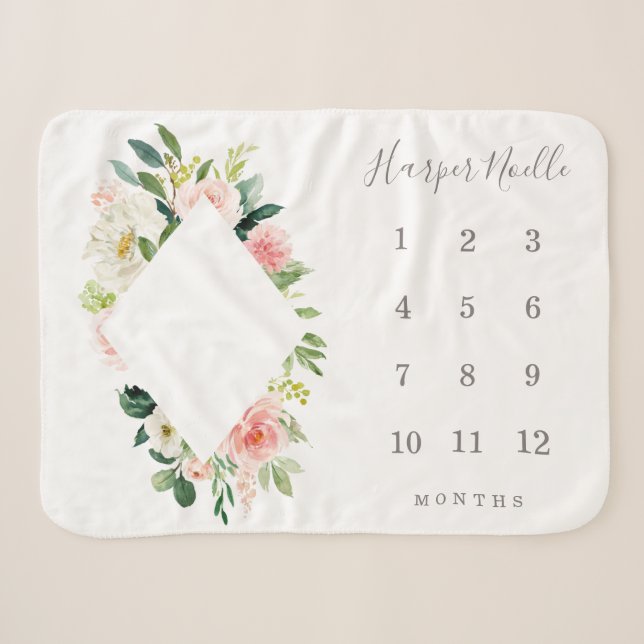 Spring Florals Diamond Baby Milestone Sherpa Blanket (Front (Horizontal))