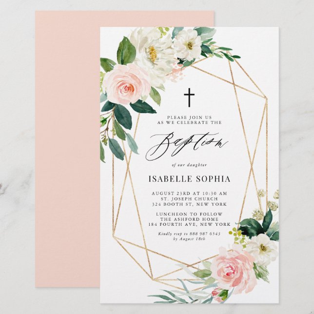 Spring Florals Gold Frame Baptism Invitation (Front/Back)