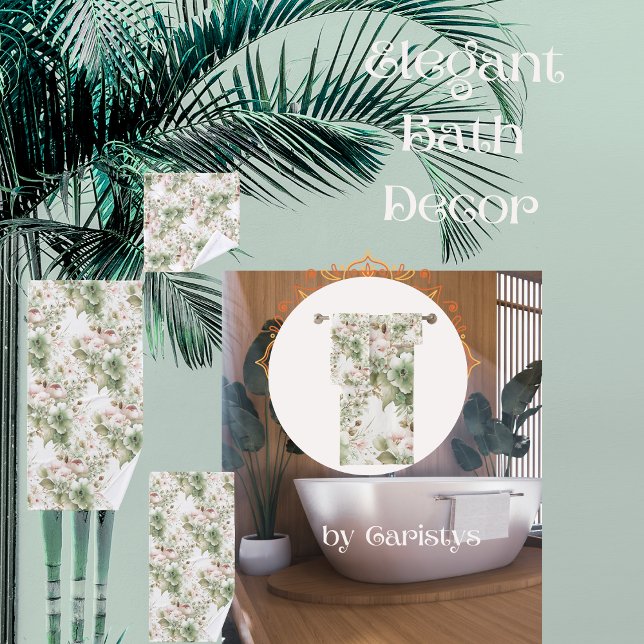 Spring Florals Pink, Pale Green on White Bath Towel Set (Creator Uploaded)