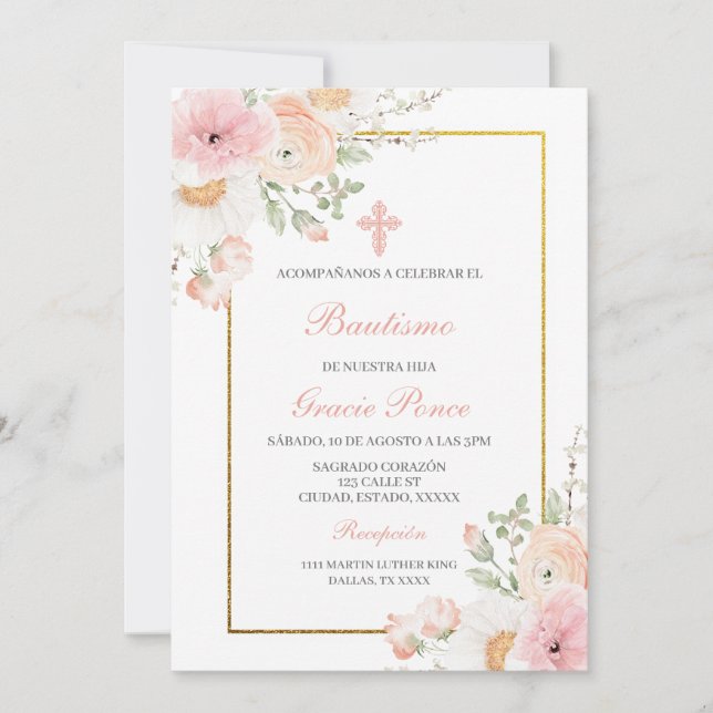 Spring flower Baptism Spanish Invitation (Front)