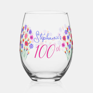 Spring Flower Bouquet Hand Painted 100th Birthday Stemless Wine Glass