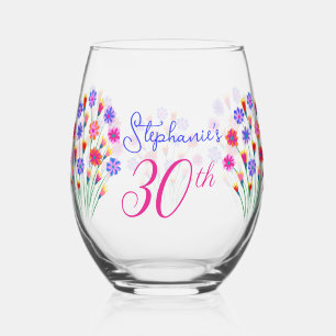 Spring Flower Bouquet Hand Painted 30th Birthday Stemless Wine Glass