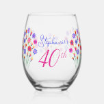 Spring Flower Bouquet Hand Painted 40th Birthday Stemless Wine Glass<br><div class="desc">Spring Flower Bouquet Hand Painted 40th Birthday Wine Glass This is a very special spring flower bloom bouquet Birthday Party Wine Glass. Beautifully hand painted unique artwork for your friends who are turning 40. Personalize this birthday wine glass with their name. Pair this wine glass with a personalized wine label...</div>