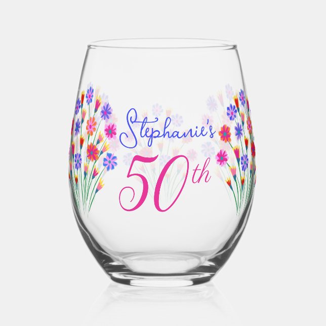 Spring Flower Bouquet Hand Painted 50th Birthday Stemless Wine Glass (Front)