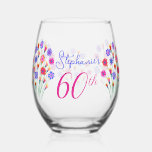 Spring Flower Bouquet Hand Painted 60th Birthday Stemless Wine Glass<br><div class="desc">Spring Flower Bouquet Hand Painted 60th Birthday Wine Glass This is a very special spring flower bloom bouquet Birthday Party Wine Glass. Beautifully hand painted unique artwork for your friends who are turning 60. Personalize this birthday wine glass with their name. Pair this wine glass with a personalized wine label...</div>