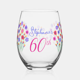 Spring Flower Bouquet Hand Painted 60th Birthday Stemless Wine Glass