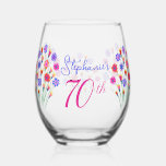 Spring Flower Bouquet Hand Painted 70th Birthday Stemless Wine Glass<br><div class="desc">Spring Flower Bouquet Hand Painted 70th Birthday Wine Glass This is a very special spring flower bloom bouquet Birthday Party Wine Glass. Beautifully hand painted unique artwork for your friends who are turning 70. Personalize this birthday wine glass with their name. Pair this wine glass with a personalized wine label...</div>