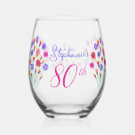 Spring Flower Bouquet Hand Painted 80th Birthday Stemless Wine Glass<br><div class="desc">Spring Flower Bouquet Hand Painted 80th Birthday Wine Glass This is a very special spring flower bloom bouquet Birthday Party Wine Glass. Beautifully hand painted unique artwork for your friends who are turning 80. Personalize this birthday wine glass with their name. Pair this wine glass with a personalized wine label...</div>