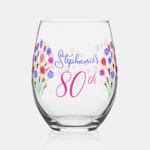 Spring Flower Bouquet Hand Painted 80th Birthday Stemless Wine Glass