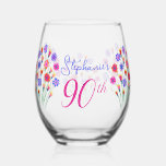 Spring Flower Bouquet Hand Painted 90th Birthday Stemless Wine Glass<br><div class="desc">Spring Flower Bouquet Hand Painted 90th Birthday Wine Glass This is a very special spring flower bloom bouquet Birthday Party Wine Glass. Beautifully hand painted unique artwork for your friends who are turning 90. Personalize this birthday wine glass with their name. Pair this wine glass with a personalized wine label...</div>