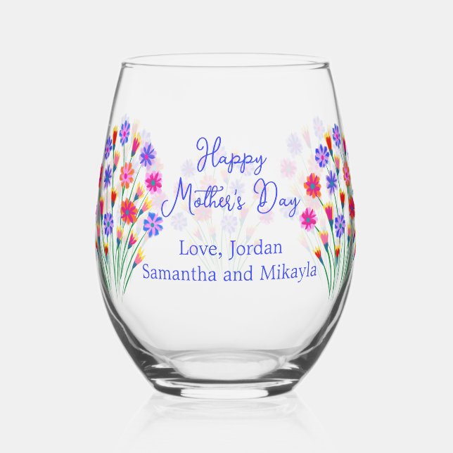 Spring Flower Bouquet Hand Painted Mother's Day Stemless Wine Glass (Front)