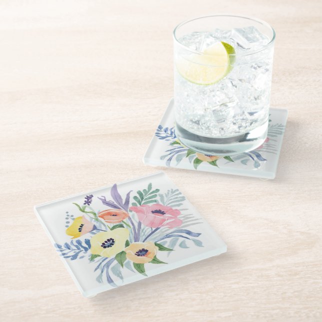 Spring Flower Bouquet | Pretty Floral Watercolor Glass Coaster (Angled)