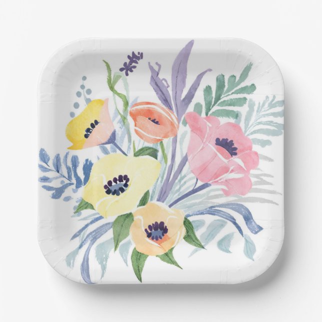 Spring Flower Bouquet | Pretty Floral Watercolor Paper Plate (Front)