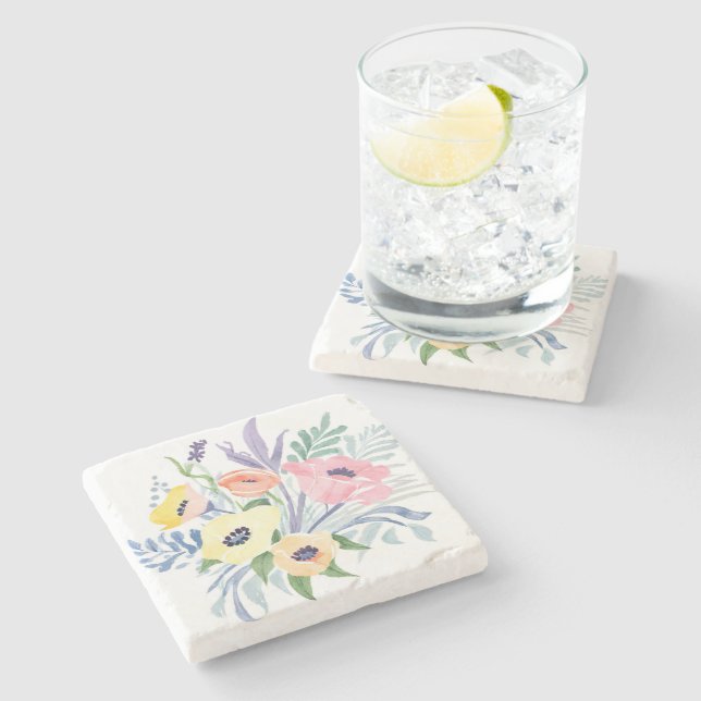 Spring Flower Bouquet | Pretty Floral Watercolor Stone Coaster (Side)