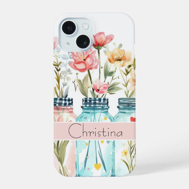 Spring Flower Design with Name iPhone 15 Case (Back)